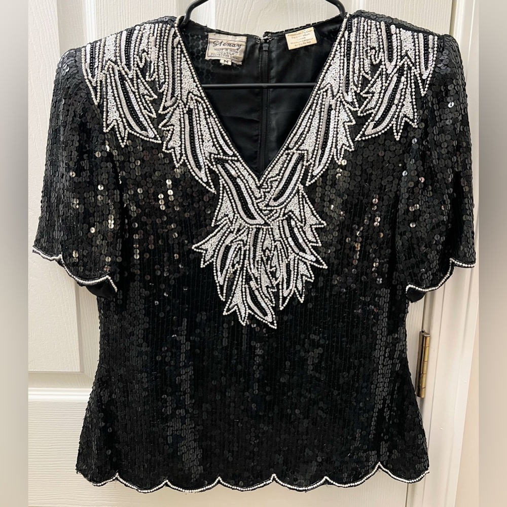 5/$25 Vintage Stenay Silk Sequin Beaded Zip Back Shirt Shoulder Pads Top Size M